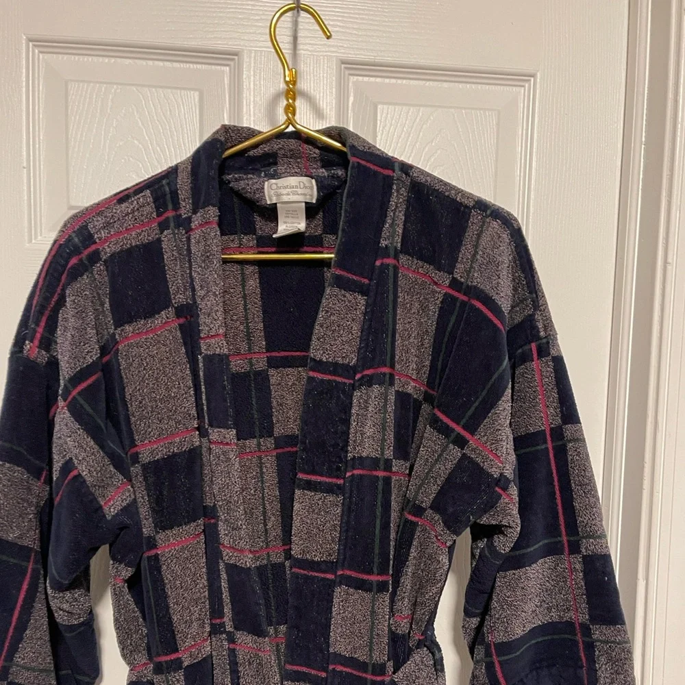 VTG Christian Dior terry cloth 100% cotton bath robe plaid men’s with belt! - Picture 3 of 9